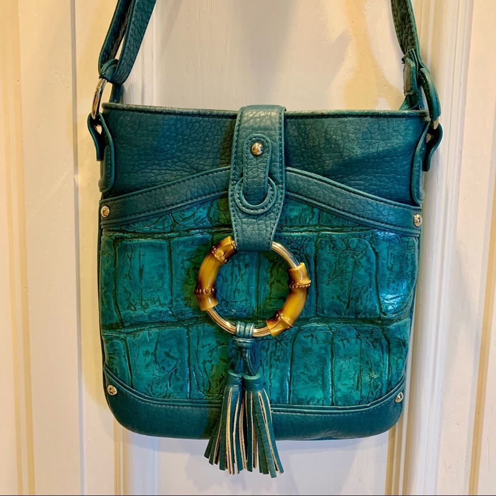 Vintage M.C. Marc Chantal Teal Embossed Leather Alligator Bag w/tassel